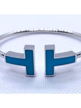 Tiffany & Co T Wire Bracelet 18K White Gold with Turquoise Wide